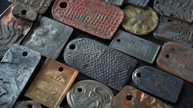 Dynamic medium shot of various stamped metal tags arranged to display diverse texturing techniques for industrial and commercial uses.