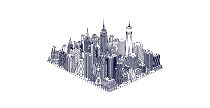 Detailed New York City Isometric Skyline Line Art Vector Illustration Blueprint Style
