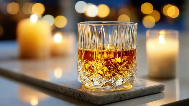 Whiskey and Candle: A luxurious whiskey-filled glass rests on a granite coaster, bathed in the soft glow of candlelight, creating an atmosphere of sophistication and relaxation.