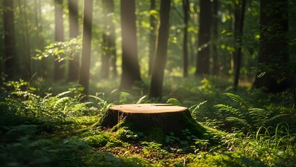 Tree stump in a sunlit forest glade with lush greenery
