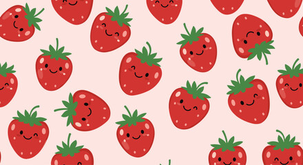 Seamless pattern of cute cartoon strawberries with happy faces on a light pink background, perfect for fun and sweet food themed designs.