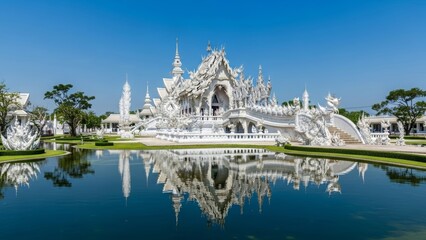 Ornate White Temple Reflected in Calm Water Under Blue Sky architecture Thailand