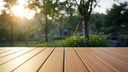 Serene outdoor wooden deck in a lush green forest at sunrise
