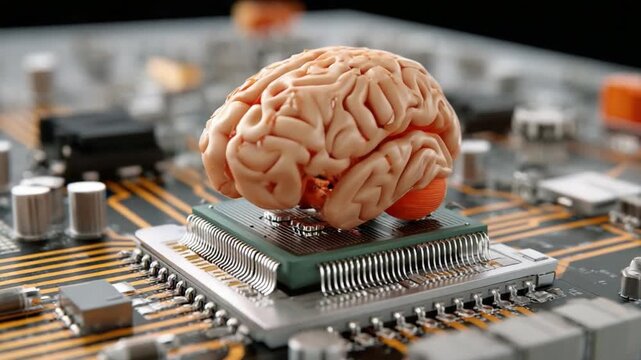 Brain on Circuit Board: A conceptual image shows a miniature brain resting atop a computer chip, symbolizing the intricate interplay between human intellect and technological advancement.