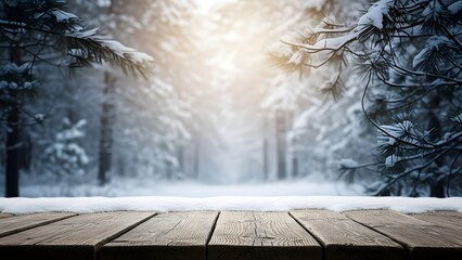 Serene winter forest scene with wooden platform and snow