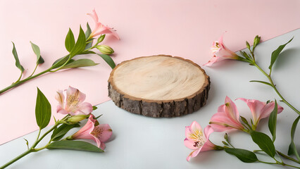 Wooden podium pedestal decorated with pink alstroemeria flowers on bright pink gradient. Ideal for natural product mockups, perfume, or eco branding. Copy space