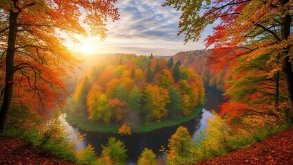 Vibrant Autumn Forest Landscape with River.