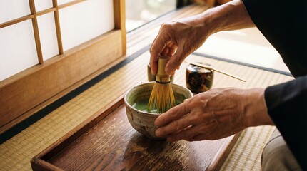 Close-up view of Japanese tea ceremony preparation with hands whisking matcha tea in a ceramic bowl. Authentic traditional ritual expressing calm, mindfulness and harmony, suitable for wellness