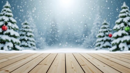 Snowy winter wonderland scene with wooden deck and christmas trees