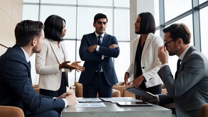 Diverse business professionals collaborate around a conference table reviewing financial documents and charts demonstrating teamwork and strategic planning in a modern office setting - Powered by Adobe