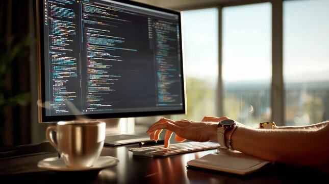 Coding Programmer Working on Computer with Code Lines and Coffee Cup in Modern Home Office Workspace for Software Development and Technology Backgrounds
