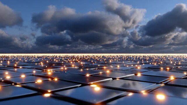 Abstract Illuminated Squares under a Dramatic Sky: A stunning perspective of a grid of reflective squares adorned with glowing points, illuminated beneath a dynamic, cloud-filled sky.