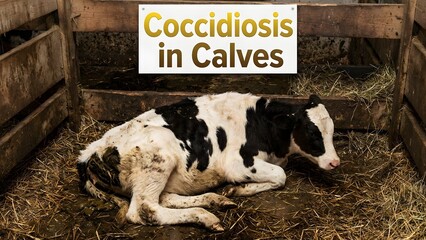 Coccidiosis in calves, sick black and white calf lying on hay in a wooden pen with a sign indicating disease with animal and livestock and farm