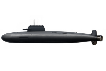 Military naval submarine moving underwater or surfacing, showing modern stealth vessel for defense and security, transparent background