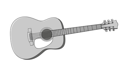 Detailed acoustic guitar illustration in shades of gray with a classic body shape and strings for music lovers.