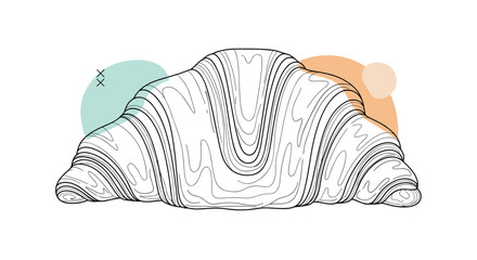 Detailed line art drawing of a fresh croissant over abstract pastel shapes for bakery or cafe branding on a white background.