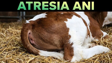Atresia ani in a newborn calf, a congenital defect of the anus and rectum, lying on straw in a barn, veterinary condition with animal and livestock