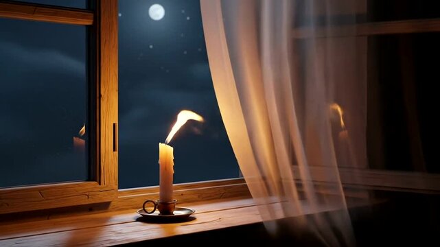 Candle flickering by window at night with full moon and stars visible.