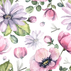 Square seamless pattern with watercolor hand painted spring flowers and various leaves. Textile feminine floral design