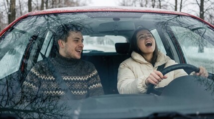 Joyful young couple singing and laughing in a car during a winter road trip.