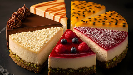Assortment of cheesecakes slice variety — creamy, fruity, chocolate, and berry flavors