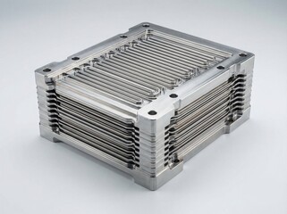 Stack of CNC machined bipolar plates with flow fields for a hydrogen fuel cell.