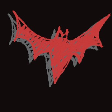 Abstract red bat illustration on dark background, bold and edgy style, perfect for Halloween, gothic themes, and modern graphic design.