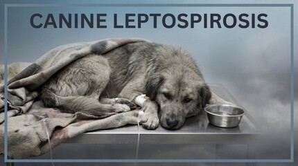 Sick dog with green tint lying on floor next to metal bowl, canine leptospirosis concept, animal health issue, veterinary care, disease symptoms