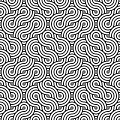Fototapeta premium Seamless abstract wavy line pattern with circular dot accents in black and white creating repeating optical background for surface design, wallpaper, textile, poster and modern graphic use