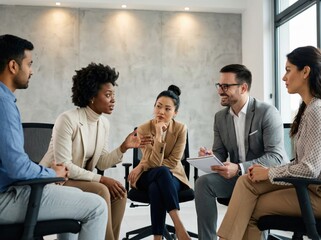 Diverse professional team actively engaged in a collaborative discussion during a positive modern office brainstorming session.