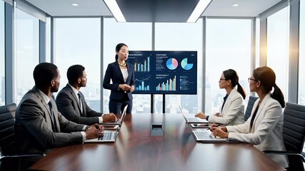 Diverse business team collaborates during a presentation in a modern conference room with expansive city views and data visualizations displayed on a large screen - Powered by Adobe