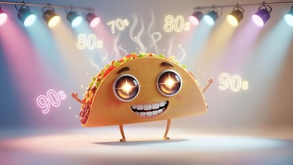 A cheerful taco character performs on a colorful stage with spotlights shining down.