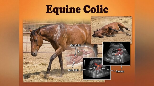 Equine colic symptoms in horses, abdominal pain and digestive issues in equine health, horse suffering from colic, veterinary care for horses