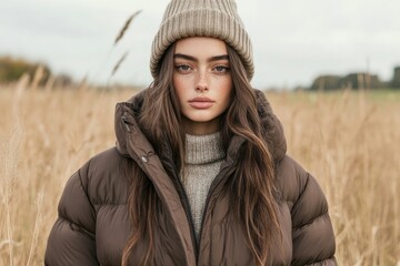 Fashionable winter outfit combining oversized jacket and warm beanie hat