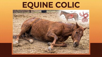 A brown horse lying on the ground in a field, illustrating equine colic symptoms and horse health issues with a transparent overlay of the intestines