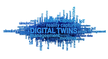 dominant 3d render of 'digital twins' text surrounded by simulation and iot in glossy blue glass, isolated on a brilliant white background with copy space. concept of sophisticated technology
