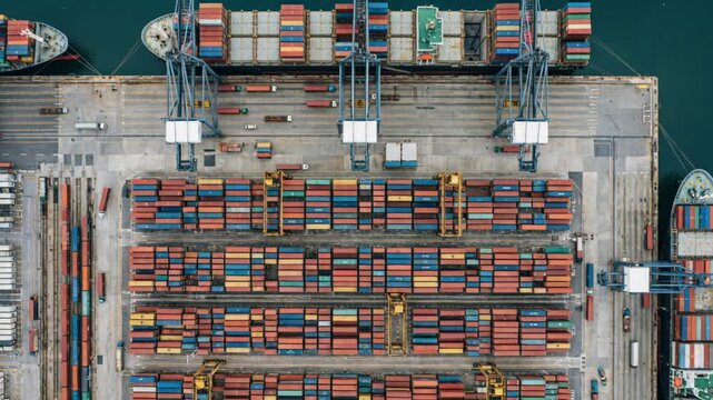 Busy Shipping Port Aerial View Showing Rows Of Colorful Cargo Containers Stacked On A Dock Next To Large Cargo Ships And Cranes Ready For