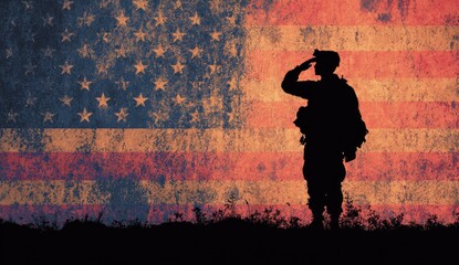 Obraz premium Silhouette of a soldier saluting against a distressed American flag background