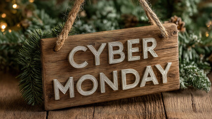 Rustic wood background with Cyber Monday sale sign perfect for online holiday shopping