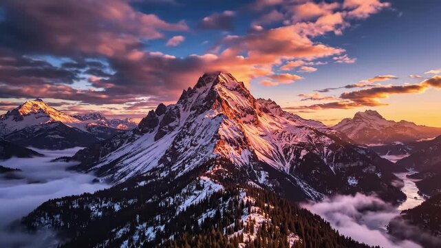 Cinematic Aerial View of Snow Capped Mountain Peak at Sunset with Pine Forest