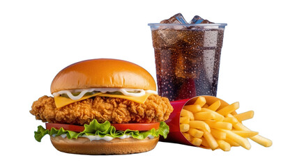 A commercial food display of a premium fried chicken sandwich with a golden bun, crispy fries, and a cold soft drink on a solid blue background for menu advertising