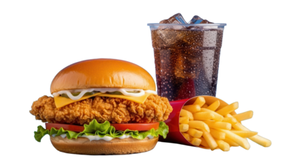 A commercial food display of a premium fried chicken sandwich with a golden bun, crispy fries, and a cold soft drink on a solid blue background for menu advertising