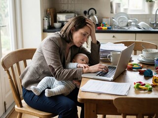 Stressed working mother juggling career and baby while working from home.