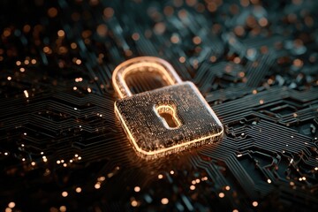Glowing padlock on a computer circuit board, representing cybersecurity and data protection