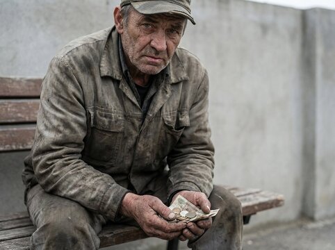Poor senior man in dirty clothes counting his meager savings on a bench.
