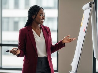 Smiling African American businesswoman presenting information, gesturing confidently beside a flip chart during a modern office meeting, looking professional.