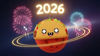 A colorful taco character celebrates the new year 2026 with fireworks in a joyful scene.