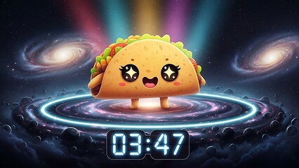 A cartoon taco with a cheerful expression stands on a glowing blue circle surrounded by swirling lights and a digital timer in a fantastical setting.