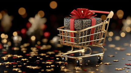 Dark surface illustration with golden cart red ribboned gift box and star confetti for seasonal
