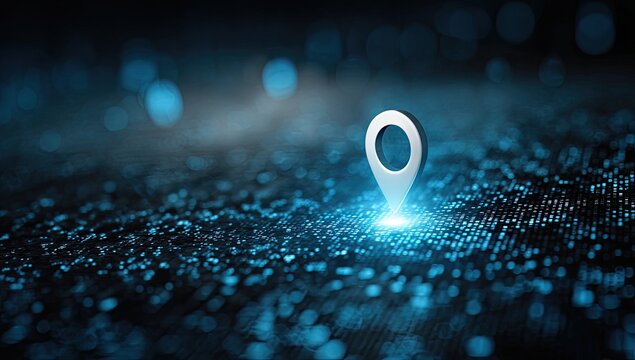 Glowing white marker illuminates a pixelated, digital landscape with a blurred background - Powered by Adobe